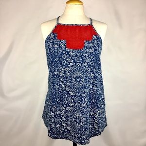 Lucky Brand Boho High Neck Tank Top Red White Blue